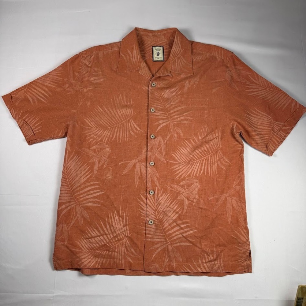 Jamaica Jaxx Button Down Shirt Mens M Silk Jacquard Palm Leaf Camp Salmon Orange